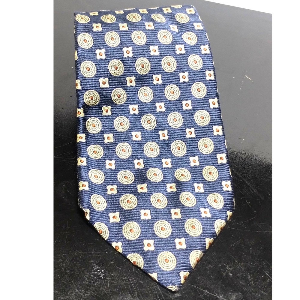Lands‎ End Mens Silk Necktie Navy Blue Gold Medallion Geometric Classic USA Made